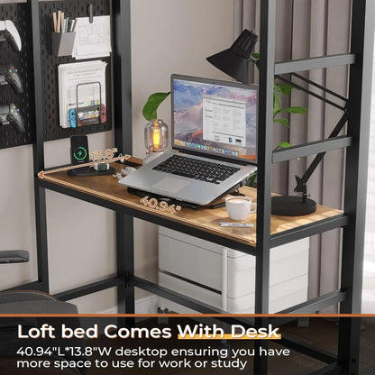 Twin Size Loft Bed, Desk and Led Lights Metal Loft Bed with Storage Shelves and Drawers Twin Junior Bed with Clothes Rail, Bed