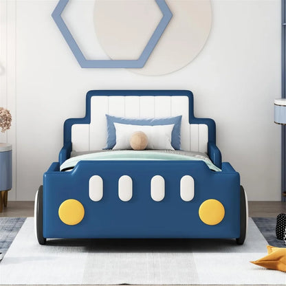 PU Leather Car Bed Frame for Boys Twin Size,Kids Bed Frame with Headboard,Fits Standard Twin Mattress(No Mattress)