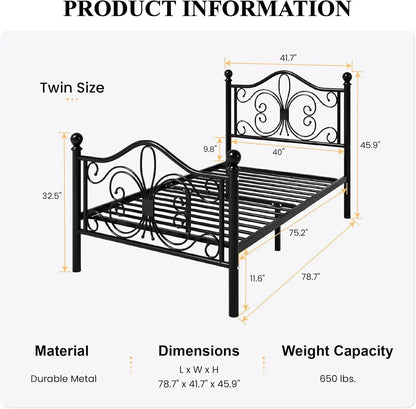 Twin Size Bed Frame for Kids,Metal Bed Frame with Butterfly Pattern Design Headboard and,No Box Spring Need