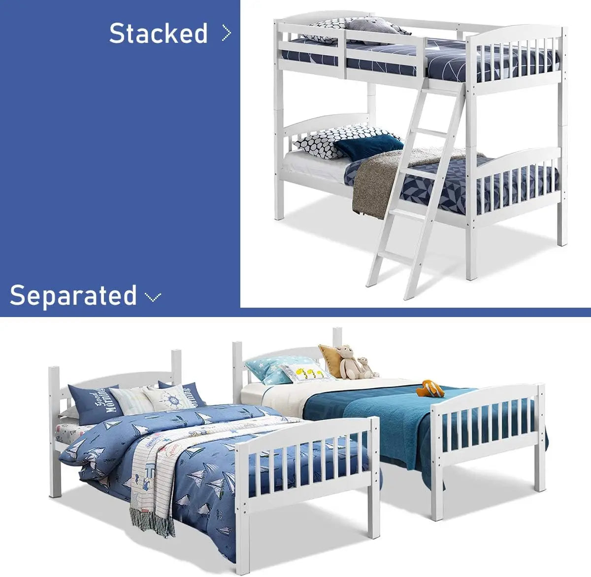 Twin Over Twin Bunk Beds, Convertible Into Two Individual Solid Rubberwood Beds, Children Twin Sleeping Bedroom Furniture w/ 1 P