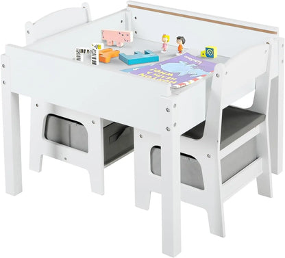 1 ensemble de table et de chaises d'activités en bois pour enfants avec paniers de rangement, tableau noir amovible comprenant 2 sièges et 1 table pour jouer,