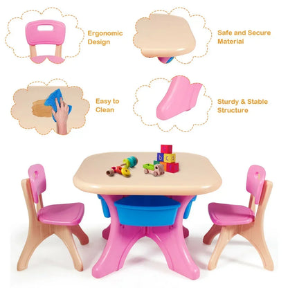 Plastic Children Kids Table & Chair Set 3 PC Play Furniture