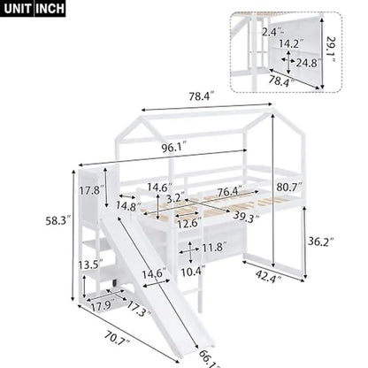 Kids Twin House Loft Bed with Slide Storage Shelves and LED Light Wood Low Loft Bed Guardrail Ladder Playhouse Creative Design