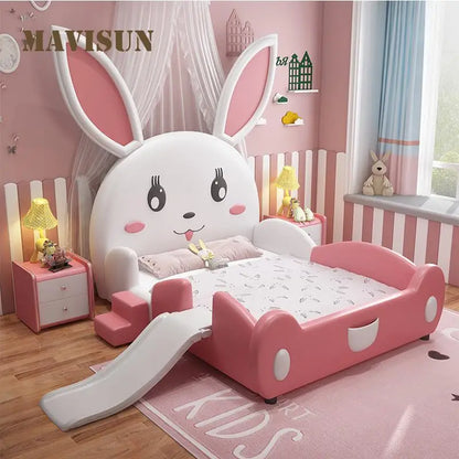 Cama de princesa rosa para niños de 3 a 16 años, muebles de madera maciza, linda cama con forma de conejo para dormitorio de niña con barandilla