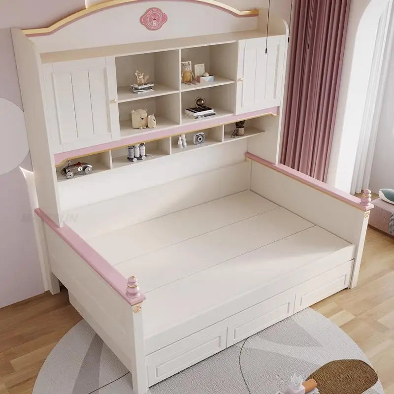 Cama de madera maciza para niños con estantes Dormitorio para niños de 5 a 8 años Armario de tres cajones Cama multifuncional estable para niños