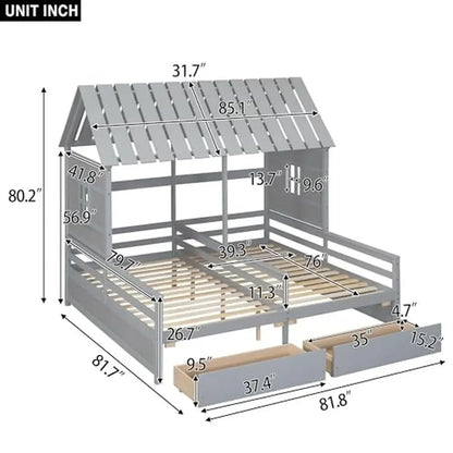 Lit superposé en bois pour deux personnes avec toit et 2 tiroirs de rangement Plateforme sécurisée Solution peu encombrante pour enfants Bois de pin robuste