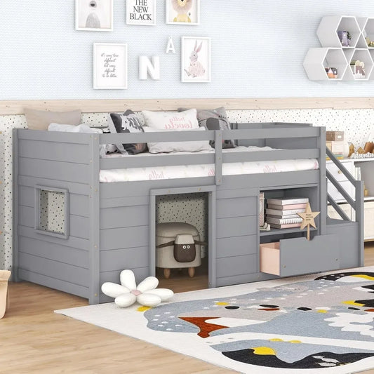 Cama loft baja de tamaño doble, cama loft con espacio de almacenamiento, cama loft doble moderna de estilo rústico para niños, con casa de juegos y cajones, estantería