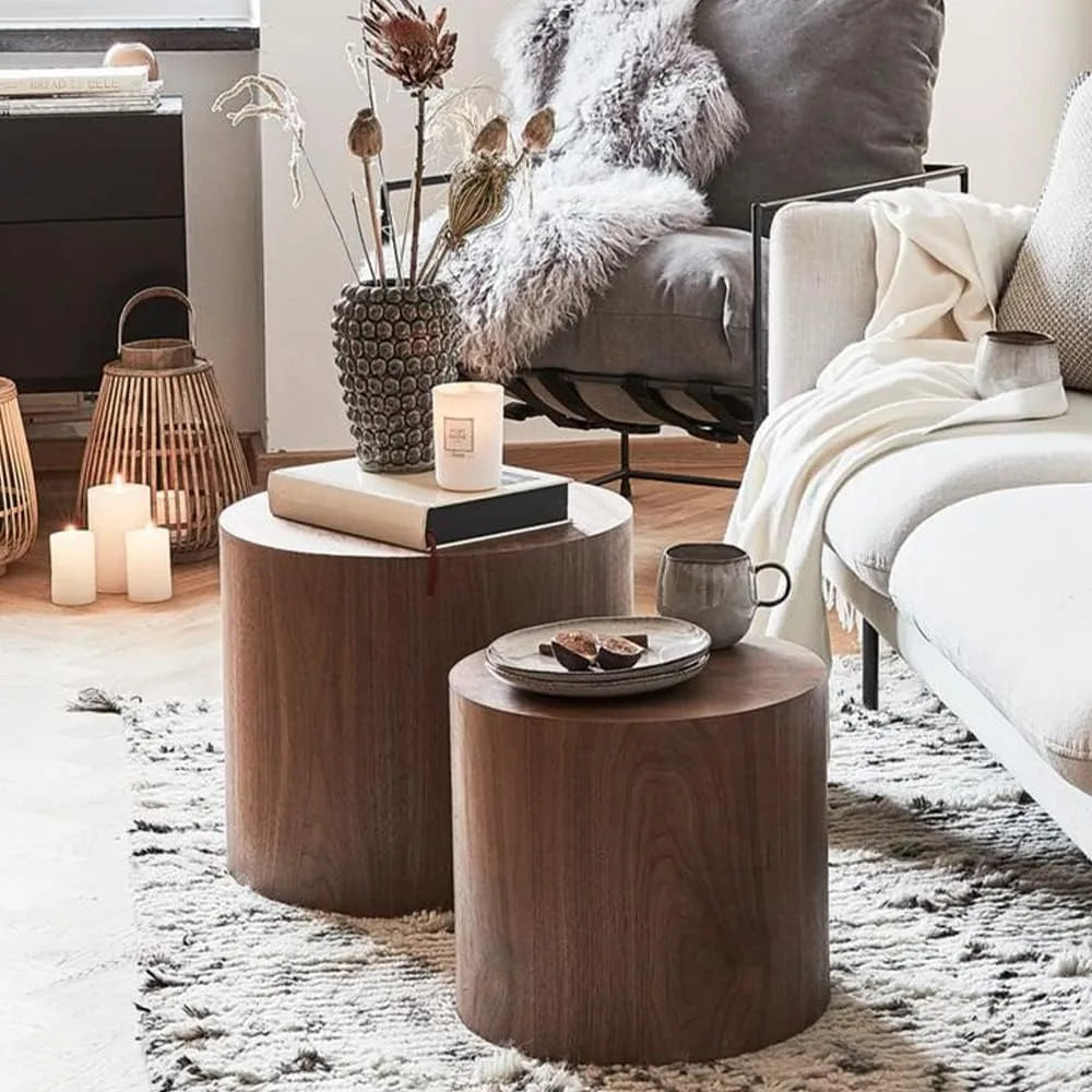 Nesting Coffee Table Set of 2, Walnut Round Wooden Coffee Tables Modern Circle Table for Small Space Living Room Bedroom