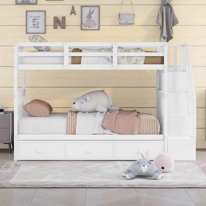 &amp; Bright Designs Lits superposés jumeaux avec tiroirs de rangement et escaliers Cadre de lit superposé en bois pour enfants garçons filles adolescents, blanc