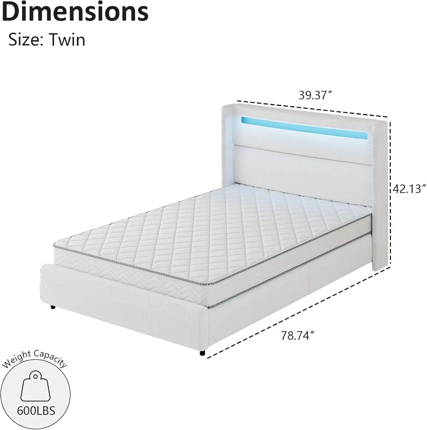 Marco de cama tamaño twin para niños, marco de cama con plataforma tapizada en bouclé con cabecera, marco de cama suave con respaldo de alas, sin caja