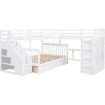 LShape Triple Bunk Beds with Stairs and DeskTwin Over Full Bunk Bed with Storage Wardrobe,Shelves and Drawers,Wood3Beds Bunk Bed