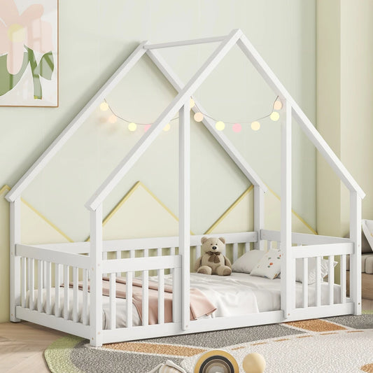 Lit double en bois en forme de maison avec clôture, garde-corps Blanc Enfants Adolescents Adultes Conception peu encombrante Pleine longueur