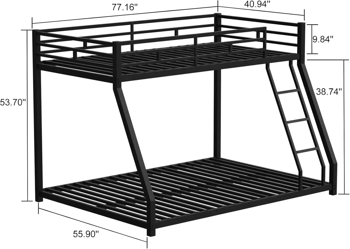 Litera doble sobre cama matrimonial con estructura de metal, barandilla y escalera, diseño que ahorra espacio, cama de metal para &amp;,