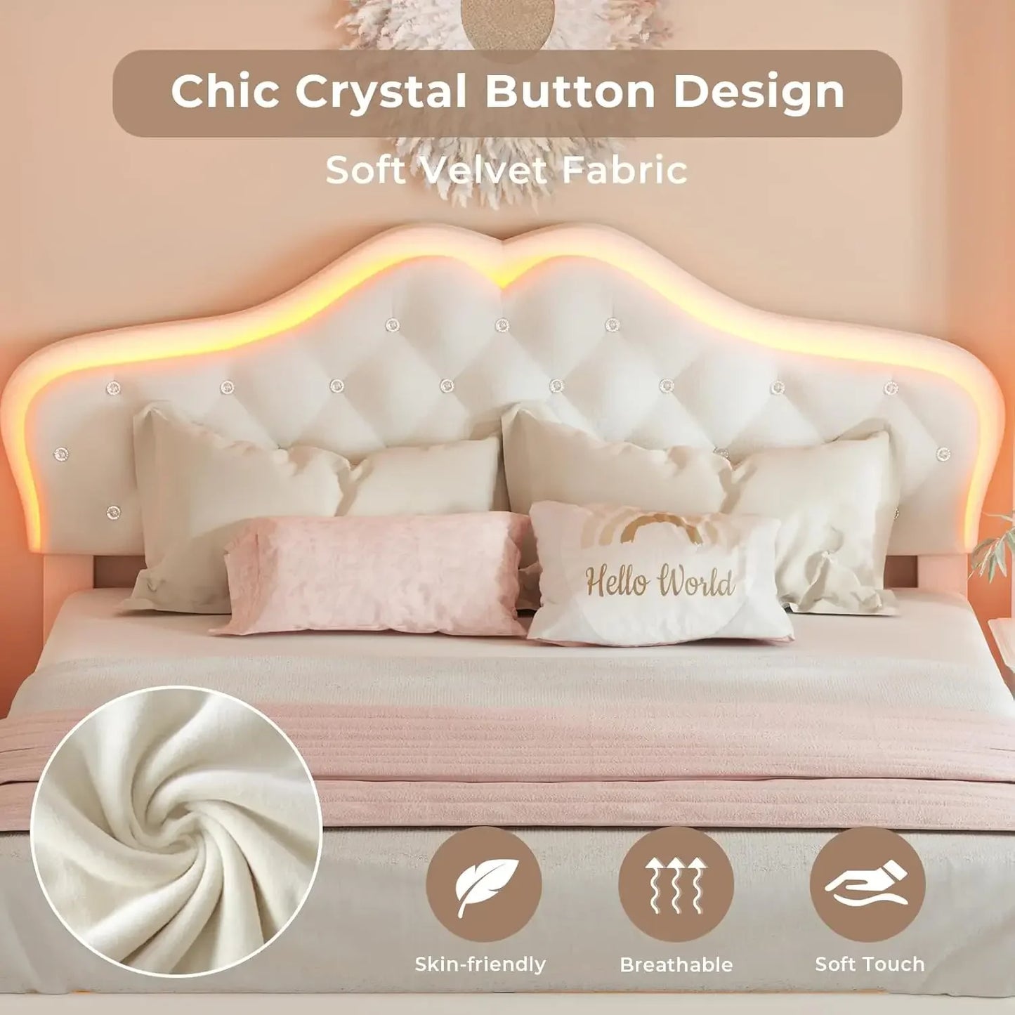 Cadre de lit rembourré avec lumières LED, tête de lit réglable avec bouton en cristal, lit plateforme princesse pour filles, Soli