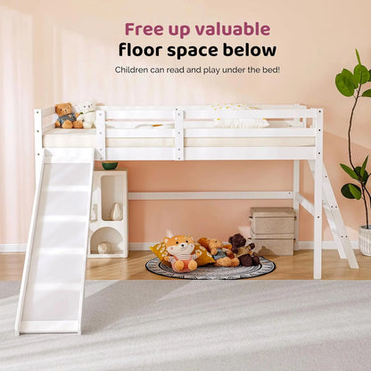 Loft Bed with Slide, Twin, Space Saving Kids Low Loft Bed with Guardrail and Ladder, Pine Wood and Sturdy Bed Frame for Boys and