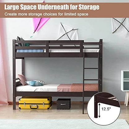 Twin Over Twin Bunk Bed,  Convertible Into Two Individual Beds, Kids Twin Bunk Bed w/Ladder & Guard Rail for Boys Girls