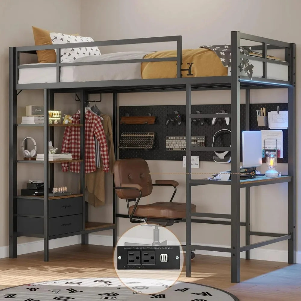 Twin Size Loft Bed, Desk and Led Lights Metal Loft Bed with Storage Shelves and Drawers Twin Junior Bed with Clothes Rail, Bed