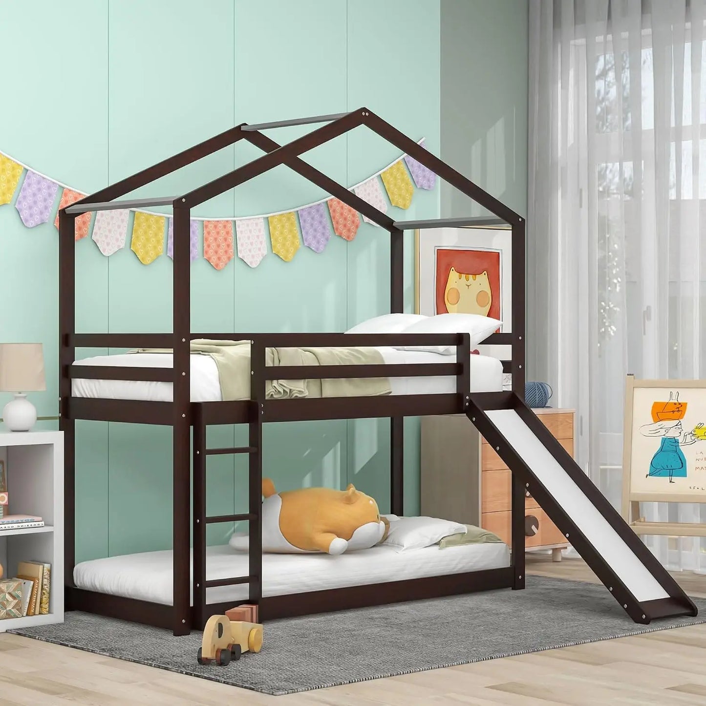 Kids Twin Over Twin Bunk Beds with Slide and Trundle, Bed Frame with Stairs and Storage, Playhouse Bunk Bed with Roof and Window