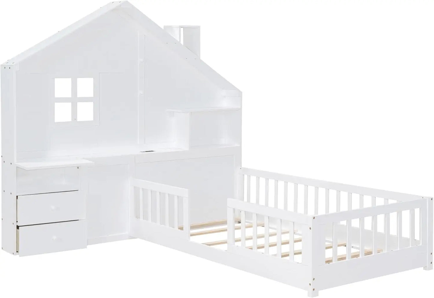 Lit de maison à deux étages pour enfants, lit de sol Montessori en bois avec rails, fenêtre et tiroirs de chevet, lit plate-forme double pour enfants avec