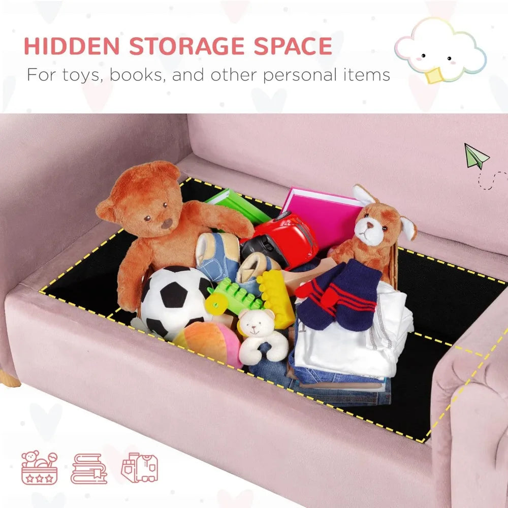 Qaba Ergonomic Foam Kids Sofa with Inner Toy Storage Chest, Velvet Kids Couch with Soft Arms, Children's Lounge Furniture