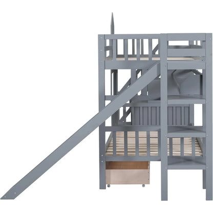 Lit superposé Twin Over Twin avec escalier et toboggan, cadre de lit superposé en bois massif avec tiroirs de rangement et étagère, lit superposé pour enfants