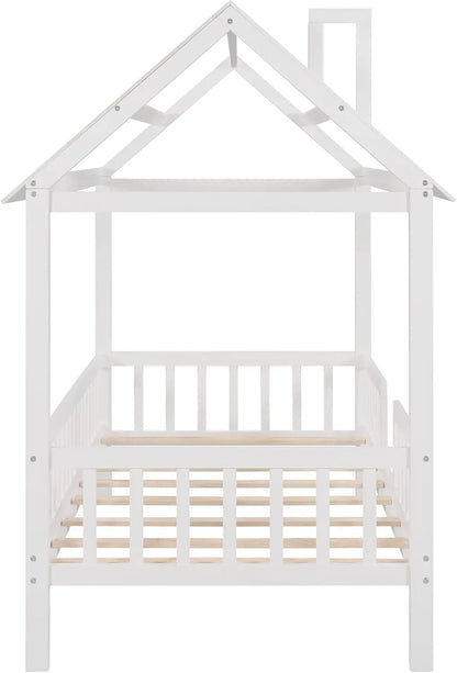 Lit double pour enfants, cadre de lit double en bois, cadre de lit plate-forme en forme de maison avec fenêtres de toit et rails de sécurité sur toute la longueur