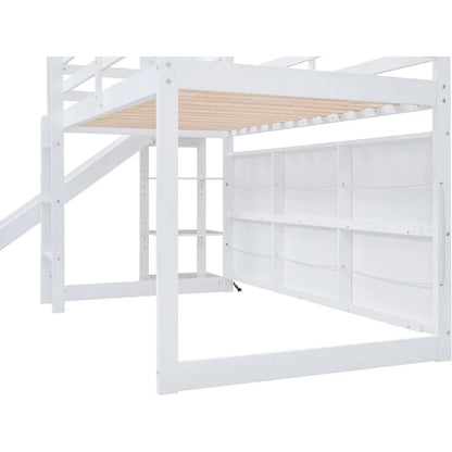 Lit mezzanine double avec toboggan, étagères de rangement et éclairage, rampe d'escalade, cadre de lit mezzanine bas, pour chambre d'enfants garçons filles