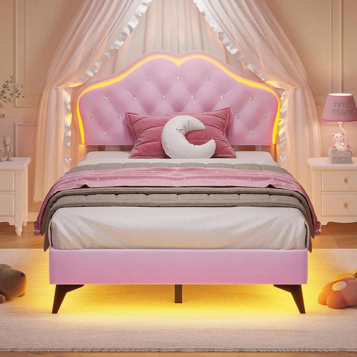 Marco de cama tapizado con luces LED para dos camas individuales, marco de cama doble para niñas con cabecero ajustable con botones de cristal, plataforma de cama princesa de terciopelo