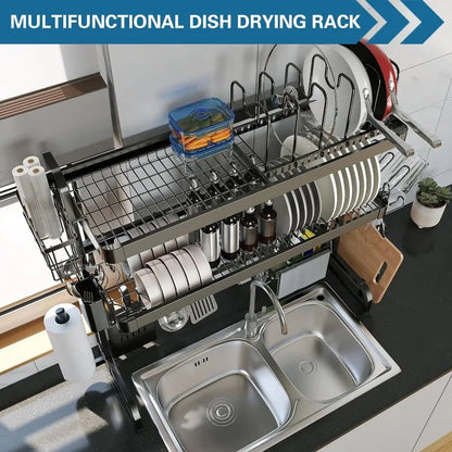 Over The Sink Dish Drying Rack, 3-Tier Drying Drainer Rack Over Sink Stainless Steel Adjustable (29.1''~37.4'')