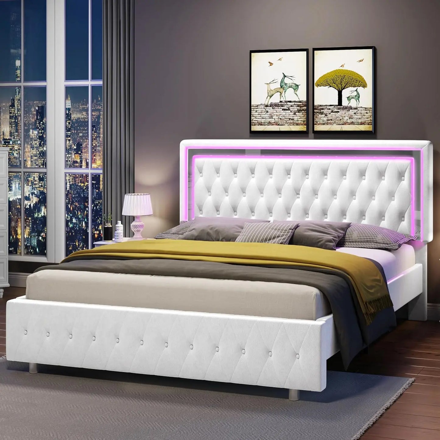 Queen Bed Frame with LED Lights Headboard&Footboard, Velvet Upholstered Queen Size Platform Bed Frame No Box Spring Needed/Black