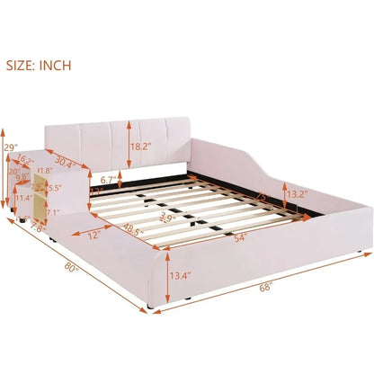 Cama moderna de tamaño completo tapizada con plataforma para madre e hijo, tapizada en tela de terciopelo, con escritorio de noche