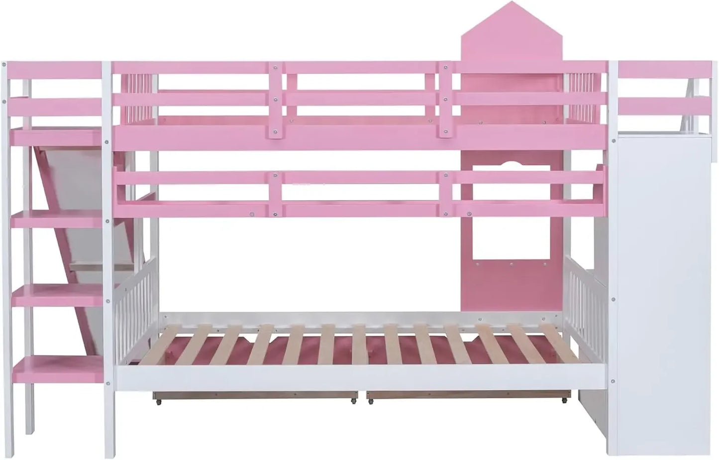 Softsea Wood Bunk Bed Frame Full Size Bedroom Furniture, Kid'S Bunk Bed Full Over Full With Drawers And Slide And Staircase,