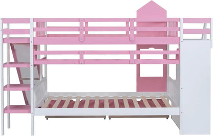 Cadre de lit superposé en bois Softsea, meubles de chambre à coucher pleine grandeur, lit superposé pour enfant complet sur complet avec tiroirs, toboggan et escalier,