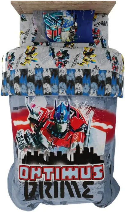 Ensemble de couette et de draps super doux pour enfants Optimus Prime Transformers Battle in Brooklyn avec taie d'oreiller, 4 pièces, taille double, (Livre officiel