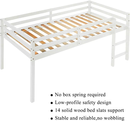 Loft Bed for Kids with Ladders and Guard Rails,Solid Wood and Sturdy Low Loft Bed Frame for Boys Girls and Junior,No Box Spring