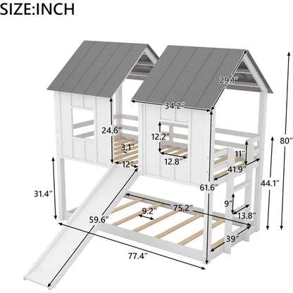 Lit superposé en bois avec fenêtres, échelle, garde-corps et meubles pour enfants de taille double, lits pour enfants modernes Playhouse Bunk Bed