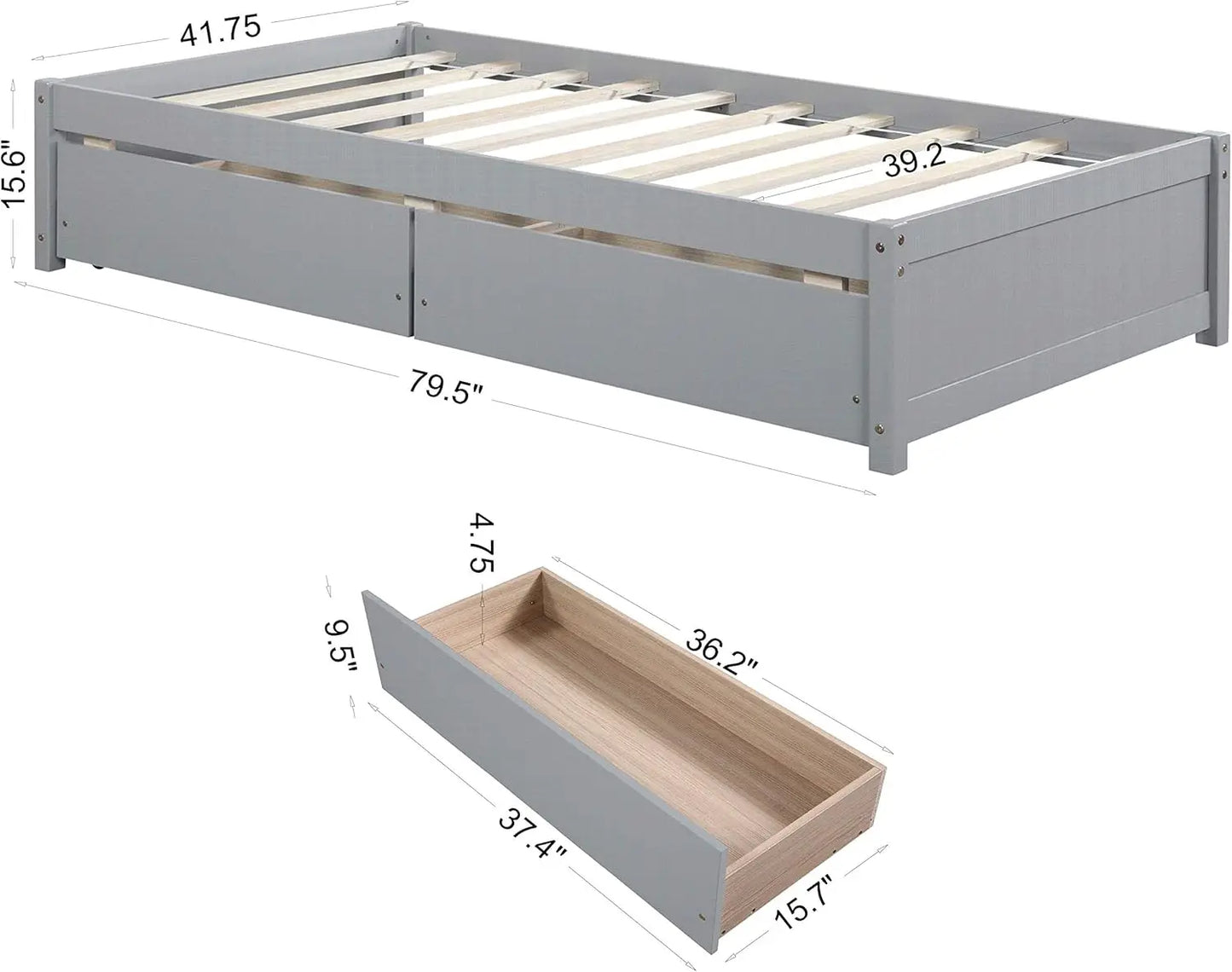 Cadre de lit avec 2 tiroirs de rangement, lit double pour enfants, lit plateforme en bois massif pour enfants, adolescents, adultes, gris