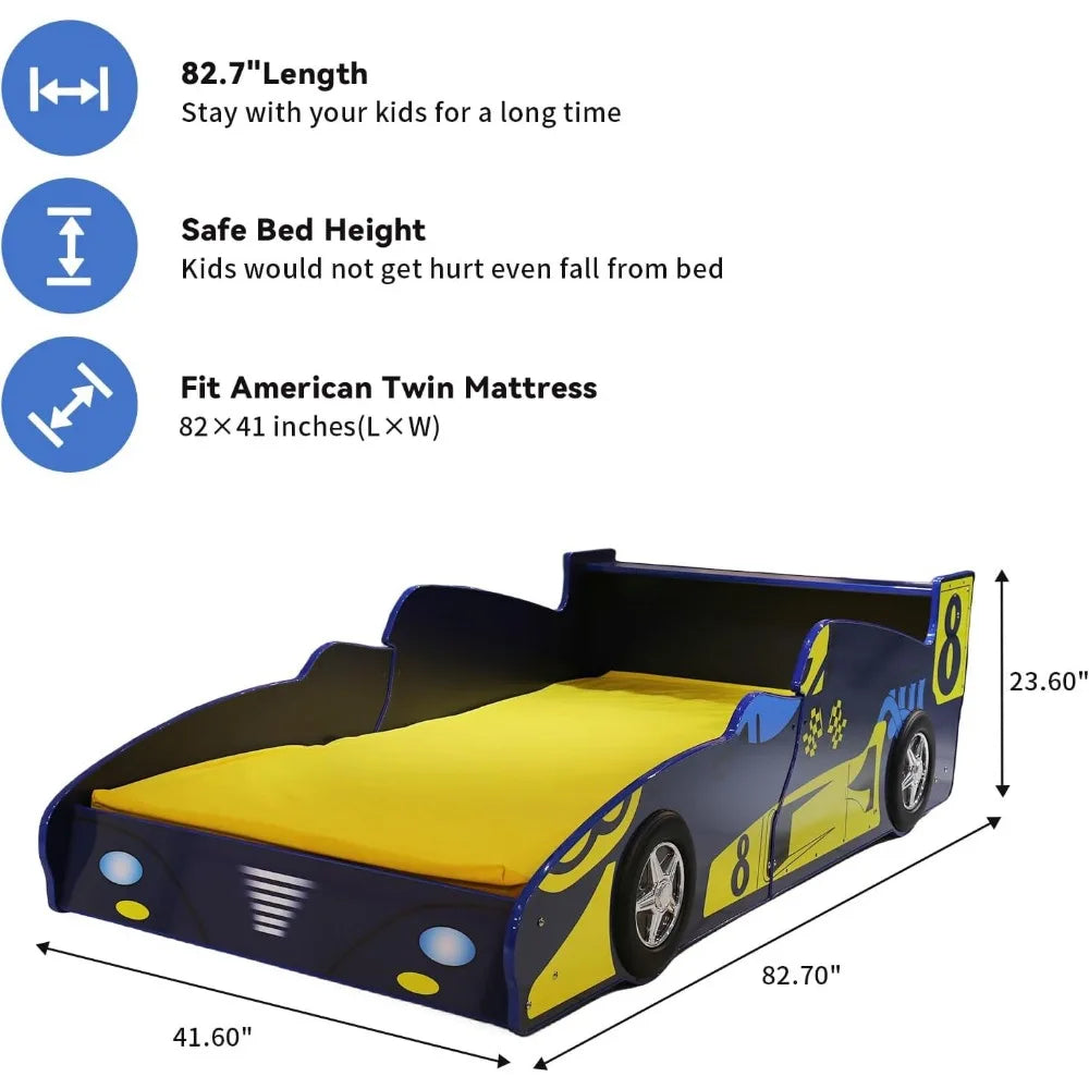 Cadre de lit double pour enfants, lit plateforme en bois en forme de voiture de course avec tête de lit, roue et lattes de soutien pour garçons, filles et tout-petits