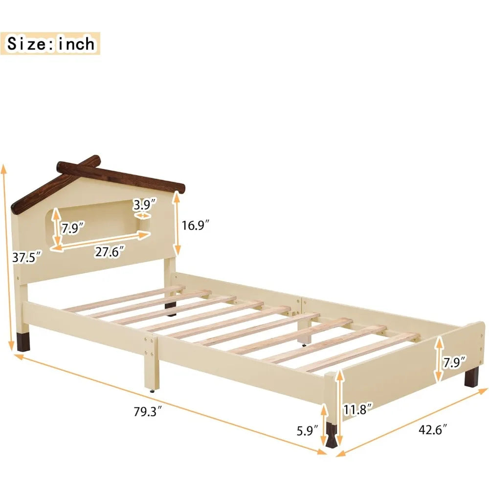 Cadre de lit double en bois crème pour enfants, tête de lit en forme de maison avec veilleuses à détection de mouvement, construction robuste