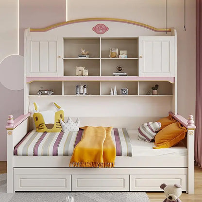 Solid Wood Bed for Children With Shelves Bedroom For 5 to 8 Years Old Three Drawers Cabinet Stable Multifunctional Bed for a Kid