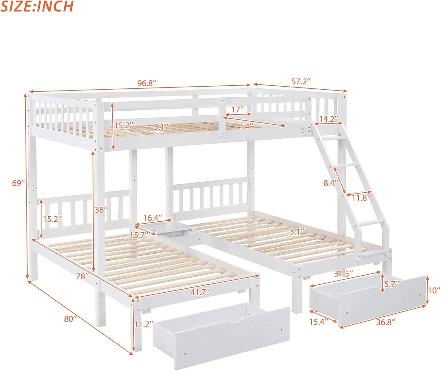 Litera triple completa sobre literas individuales y individuales para 3, estructura de cama triple de madera con cajones y barandillas para niños, adolescentes y adultos