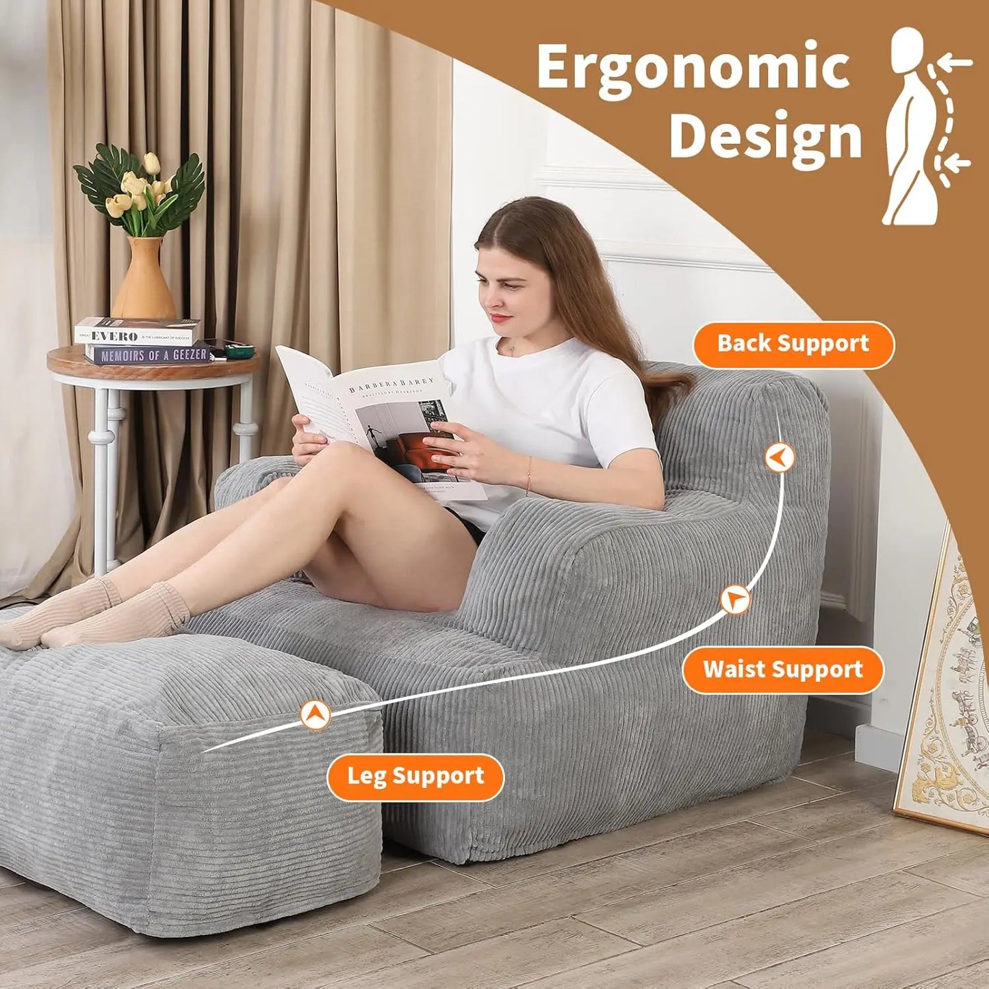 Large Bean Bag Chairs for Adults, Bean Bag Sofa Chair with Ottoman for Adults, Comfy Reading Chair for Dorm Room, Living Room