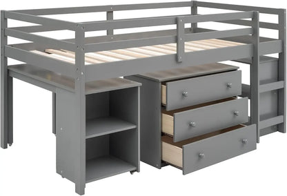 Cama baja tipo loft de madera maciza de tamaño doble con escalera para niños, litera, armario y escritorio, color gris puro