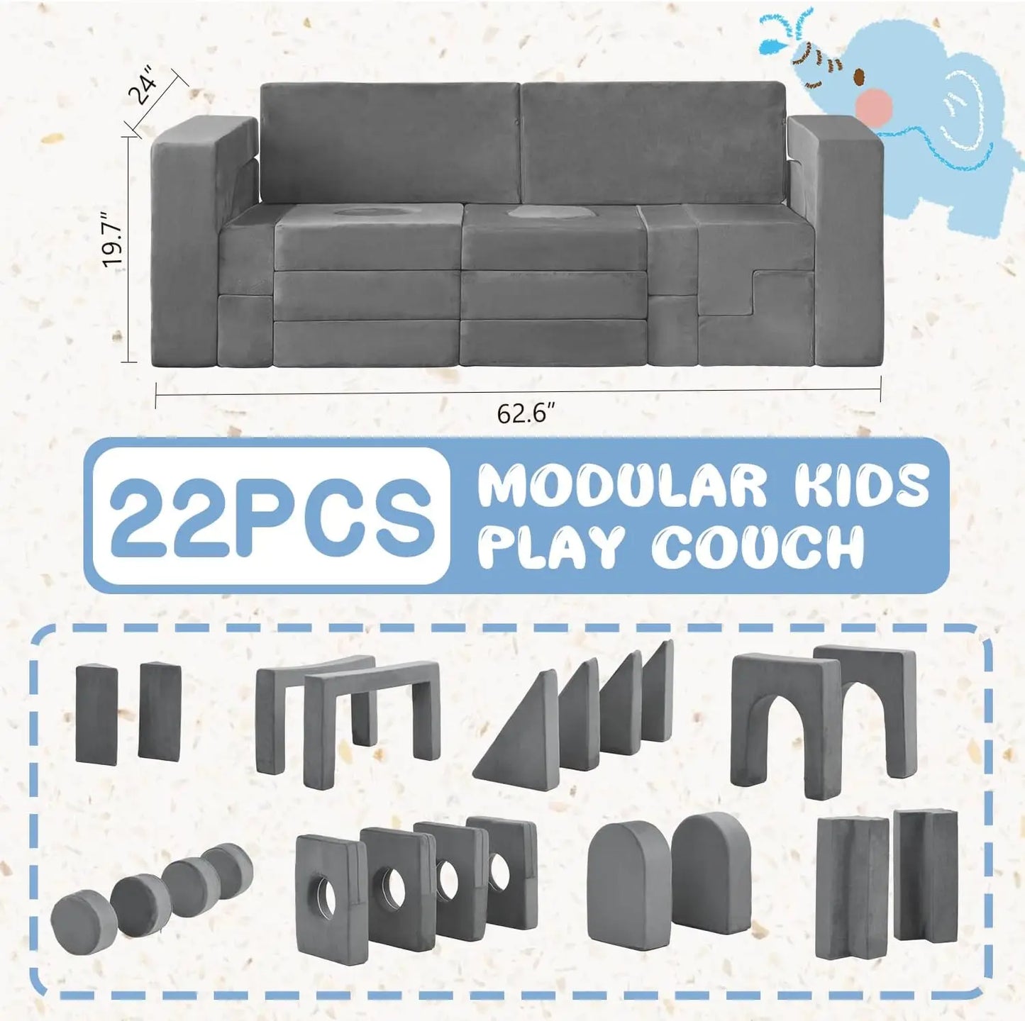 Modular Kids Play Couch, Floor Sofa for Children, 1000+DIY Creativing Playroom Furniture for Toddlers， Convertible Foam and Floo