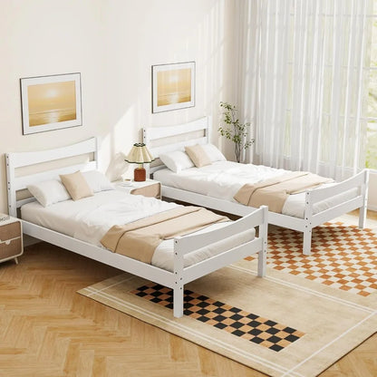 Wood Twin Bed Frame, Modern White Platform Bed w/Headboard & Footboard, Solid Wood Slat Support, No Box Spring Needed