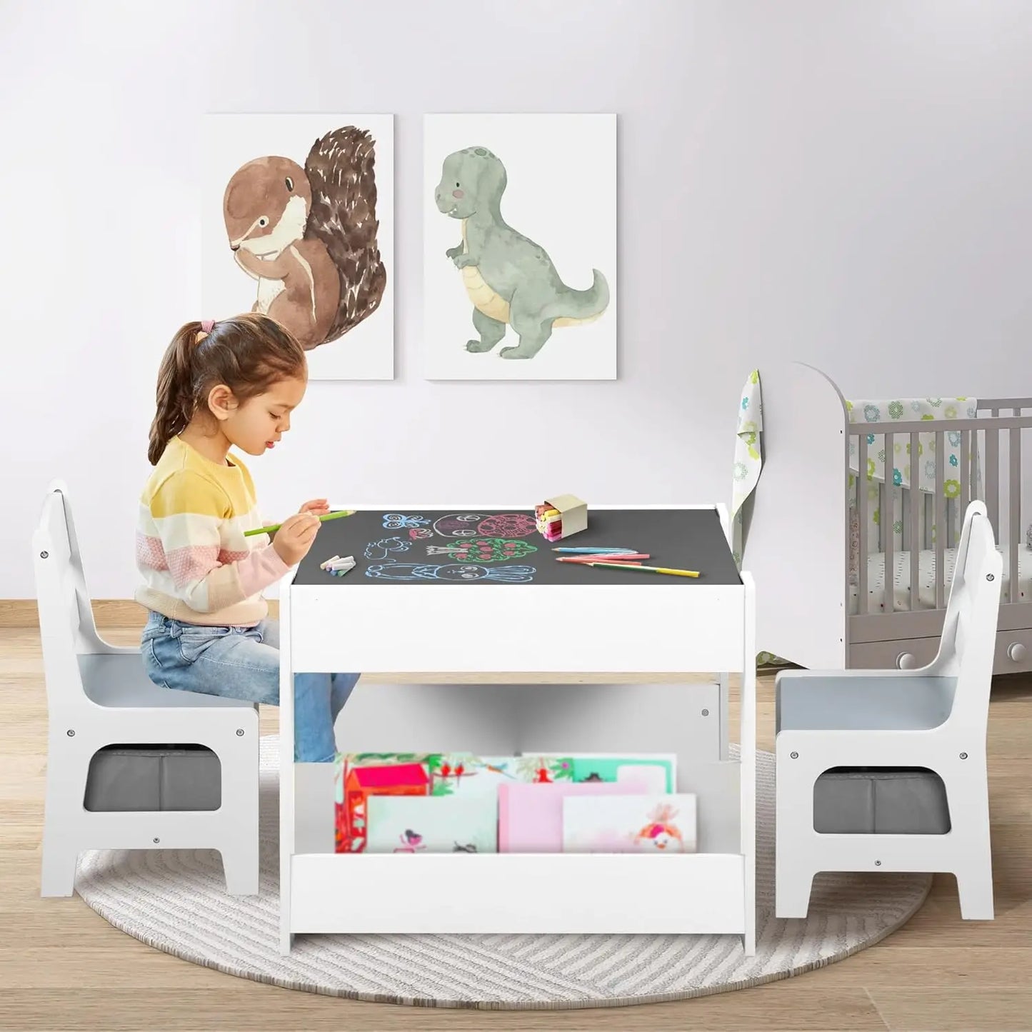 Kinder King Kids Wood Table & 2 Chairs Set, 4 in 1 Children Activity Table w/Double Bookcase, Blackboard, Toddler Furniture Set