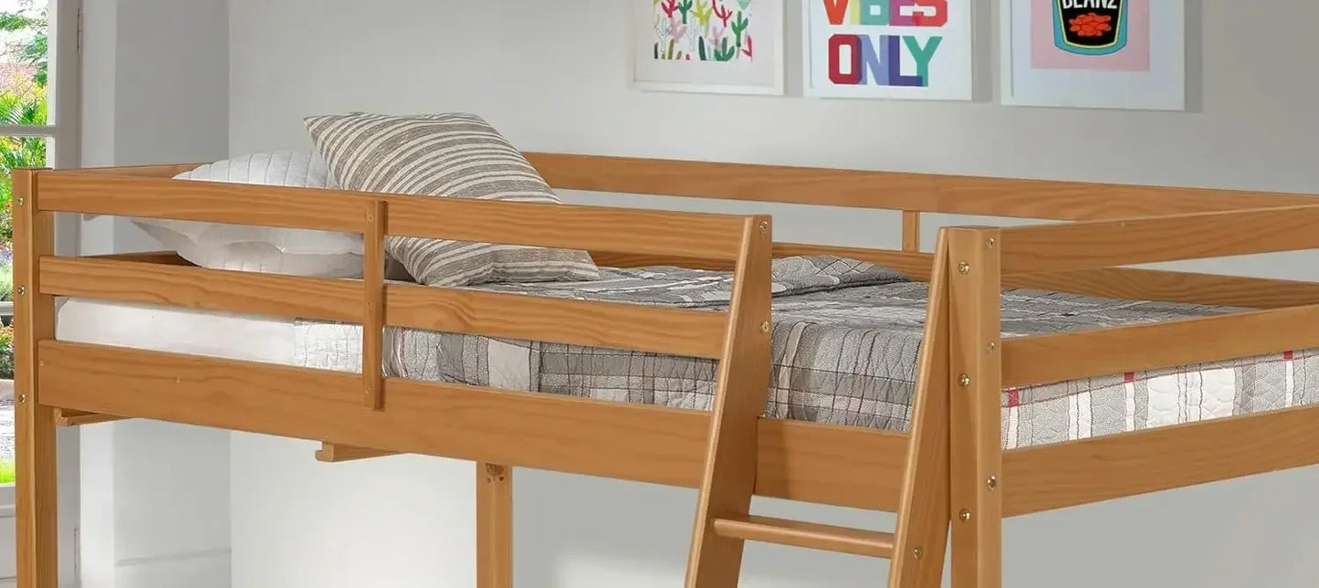 Lit mezzanine junior en bois pour deux personnes, finition cannelle, cadre en bois robuste pour enfants - Comprend un bureau latéral intégré et des étagères ouvertes pour