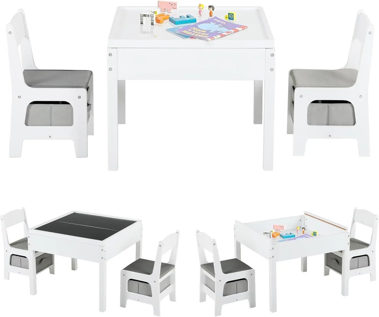 1 ensemble de table et de chaises d'activités en bois pour enfants avec paniers de rangement, tableau noir amovible comprenant 2 sièges et 1 table pour jouer,