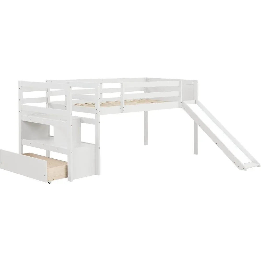 Cama alta, cama alta de madera maciza con escaleras y tobogán, con escalera para niños pequeños, no necesita somier, cama alta de perfil bajo de tamaño doble