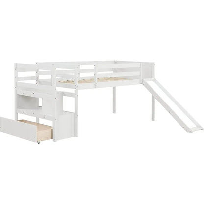 Loft Bed,Solid Wood Loft Bed with Stairs and Slide, with Staircase for Junior,No Box Spring Needed Low Profile Twin Size Loft